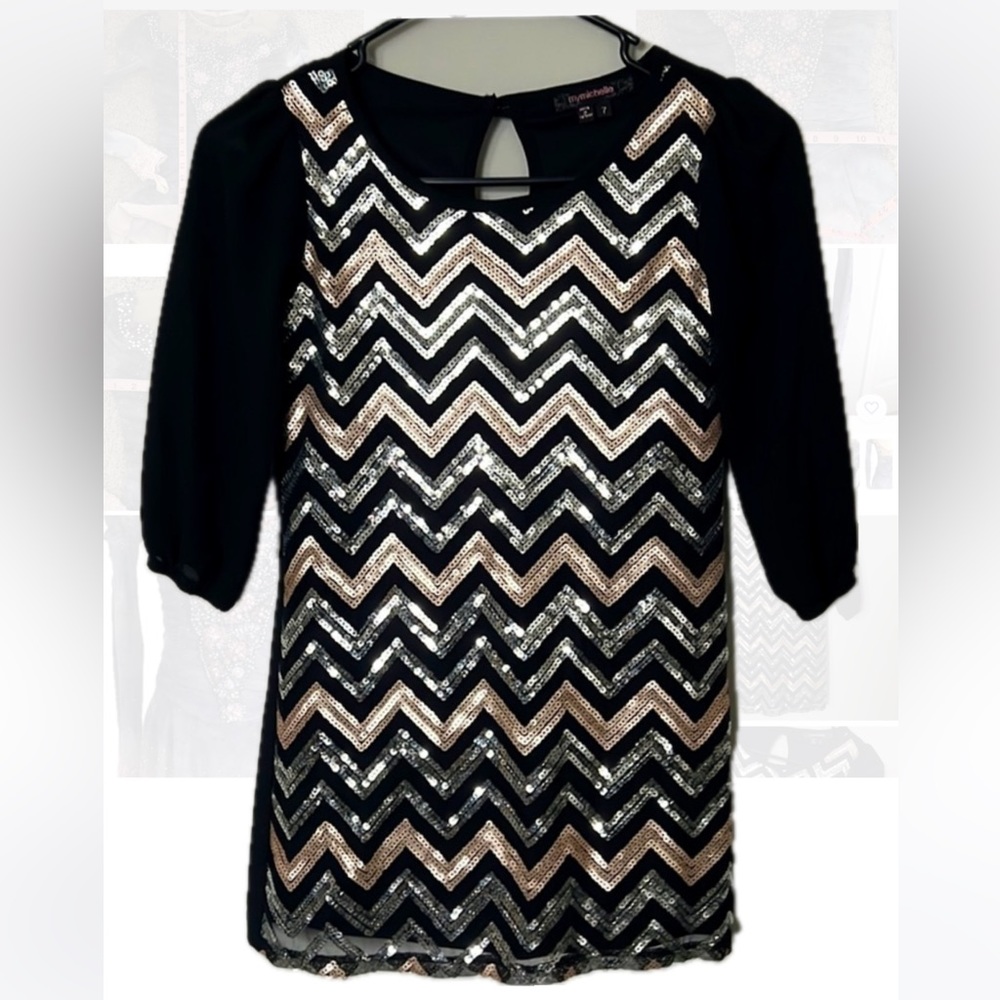 EUC. MY MICHELLE Sparkly Zigzag Sequin 3/4 length sleeves. Girls size 7.